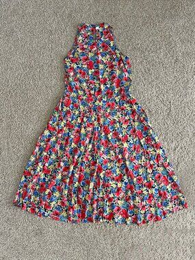 80s Colorful Floral Drop Waist Sleeveless Dress Semi-Sheer Rayon Vintage Size S